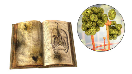 Open antique book with mold on its pages and close-up view of mold fungi Stachybotrys