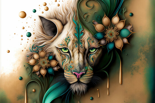 Generative AI illustration of abstract conceptual image of lion portrait with beautfiul colours and design