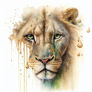 Generative AI Illustration Of Watercolour Style Image Conceptual Design Powerful Solitary Lion