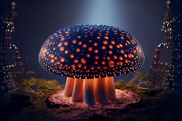 An illustration of a glowing psychedelic mushroom in a dark outside natural environment. artwork created with generative ai