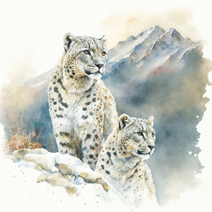 Generative AI illustration of watercolour style image of endangered snow leopard in snow mountain landscape concept image - obrazy, fototapety, plakaty
