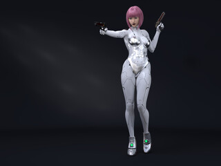 Fototapeta na wymiar 3D render : portrait of futuristic female humanoid robot armed with twin gun weapon, cyberpunk concept