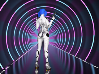 3D render : portrait of futuristic female humanoid robot armed with twin gun with the background of circle purple and blue neon light, cyberpunk concept