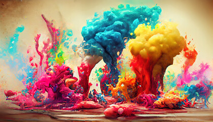 Obraz na płótnie Canvas Exploding paint splashes and holi powder as creativity concept