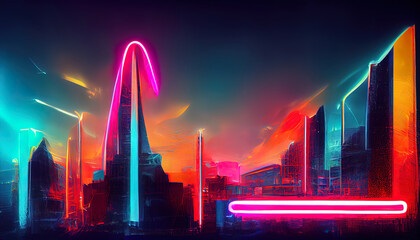 Fototapety  Glowing neon infrastructure in futuristic synthwave city