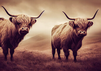 highland cow and bull, Generative AI Art Illustration
