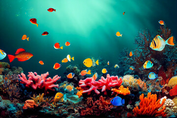 Fototapeta na wymiar coral reef and fishes, Generative AI Art Illustration