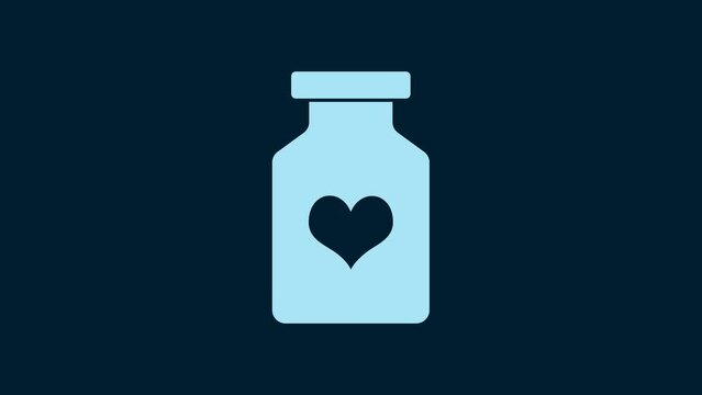 White Medicine bottle with pills for potency, aphrodisiac icon isolated on blue background. Sex pills for men and women. 4K Video motion graphic animation