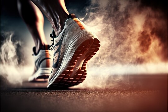 Sports background. Runner feet running on stadium closeup on shoe. Dramatic picture. Generative AI