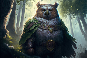Epic owlbear character in a fantasy forest, Generative AI