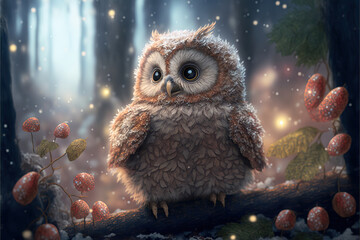 Little owlbear creature in a fantasy forest, Generative AI