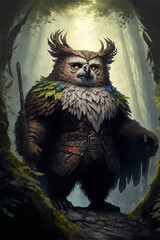 Owlbear mage mythical creature in a fantasy forest, Generative AI