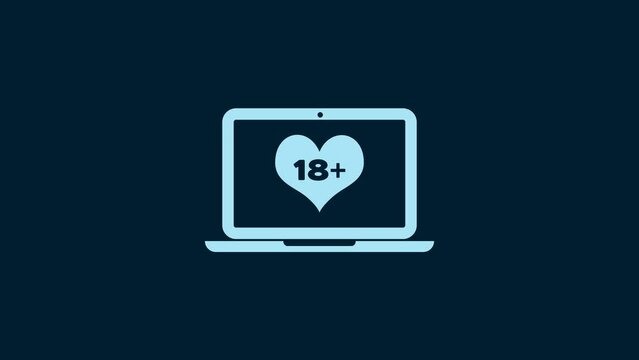 White Laptop computer with 18 plus content heart icon isolated on blue background. Age restriction symbol. 18 plus content sign. Adult channel. 4K Video motion graphic animation