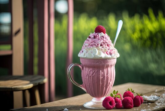 illustration of raspberry milkshake on wooden table with raspberry topping, idea sweet drink homemade for Valentine's day