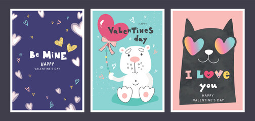 Set of Valentines Day cards with cute hand drawn elements.Vector illustration for postcards,posters, coupons, promotional material.