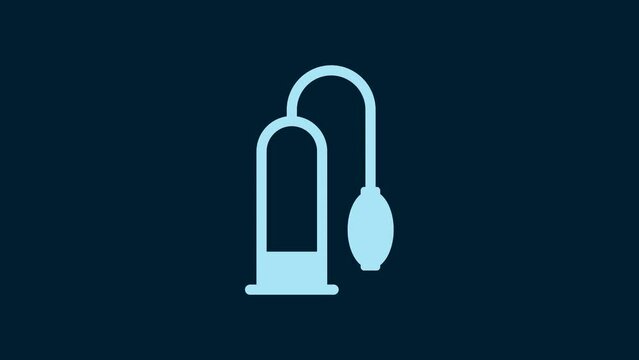 White Penis pump icon isolated on blue background. Penis enlarger. Sex toy for men. Vacuum pump with a blower to increase the penis. 4K Video motion graphic animation