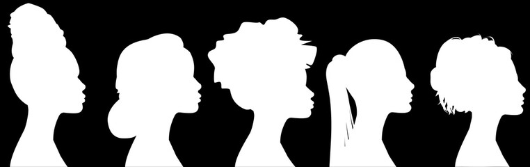 female silhouettes in profile. diversity young women for poster or text. elegant background as well.