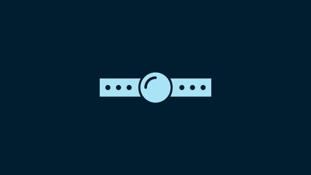 White Silicone ball gag with a leather belt icon isolated on blue background. Fetish accessory. Sex toy for men and woman. 4K Video motion graphic animation