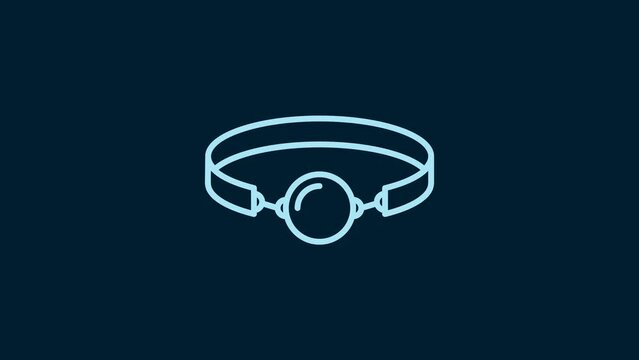 White Silicone ball gag with a leather belt icon isolated on blue background. Fetish accessory. Sex toy for men and woman. 4K Video motion graphic animation