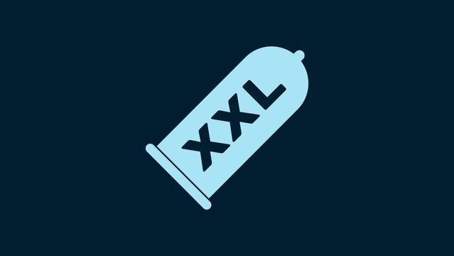 White Condom safe sex icon isolated on blue background. Safe love symbol. Contraceptive method for male. 4K Video motion graphic animation