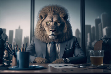 Portrait of business lion with a suit sitting in office, ai generative illustration.