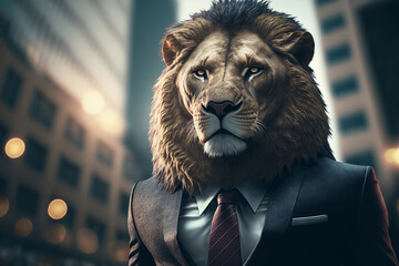 Portrait of lion in business suit, ai generative illustration.