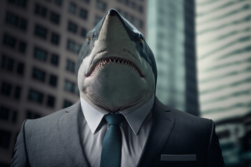 Portrait of shark in business suit with city background, ai generative illustration.