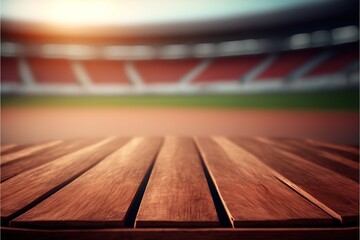 Wood table top on blurred background of Red running tracks in sport stadium. Generative AI