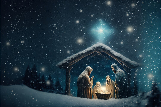 Nativity Of Jesus With Comet Star - Scene With The Holy Family In Snowy Night And Starry Sky, Generative AI