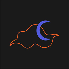 Simple and generic cloud and moon icon design, line drawing on black background, neon sign.