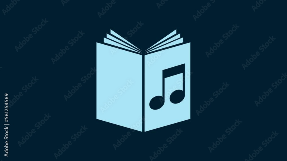 Poster white audio book icon isolated on blue background. musical note with book. audio guide sign. online 