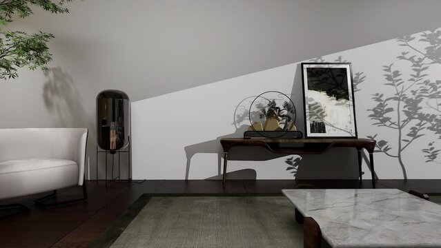 Minimalist living room interior design. 3D render, HD video.