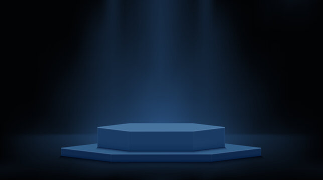 3d geometric shape podium on dark empty room with lighting. Vector abstract studio room scene with blue pedestal platform. Podium stage pedestal for product display presentation