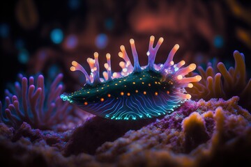 Glowing nudibranch underwater. Generative AI