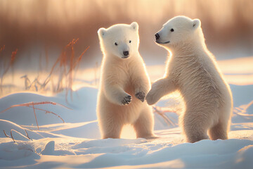Niedliche Eisbärbabys  spielen zusammen im Schnee, schöne Naturszene in arktischer Winterlandschaft, generative ai
