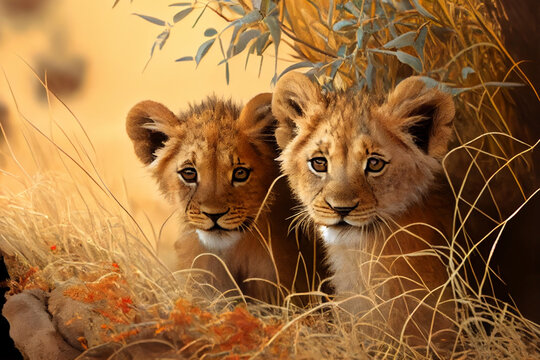 
Niedliche Löwenbabys spielen zusammen in der Savanne, schöne Naturszene in afrikanischer Wildnis, generative ai