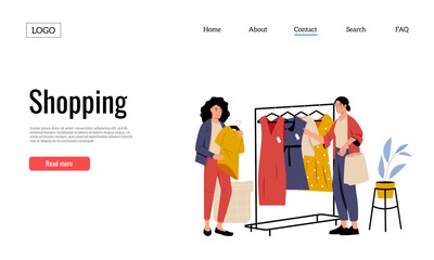 Clothing shop landing page. Female client coming to store, choosing outfit. Dresses and tops on hangers. Cartoon seller