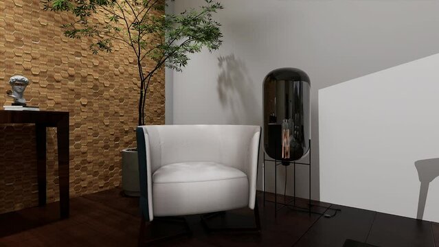 Minimalist living room interior design. 3D render, HD video.