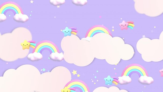 Looped cartoon paper clouds, rainbows, and kawaii stars in the sky animation.