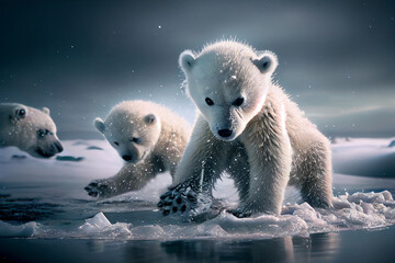 Obraz na płótnie Canvas Niedliche Eisbärbabys spielen zusammen im Schnee, schöne Naturszene in arktischer Winterlandschaft, generative ai 