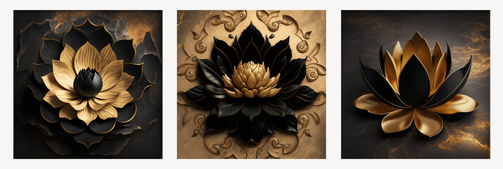 Lutus flower 3d wallpaper for wall frames fractal flowers golden and black liquid marble background. Resin geode and abstract art, functional art, like geode painting. Ai generated art