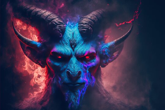 Portrait of devil with goat face in fire