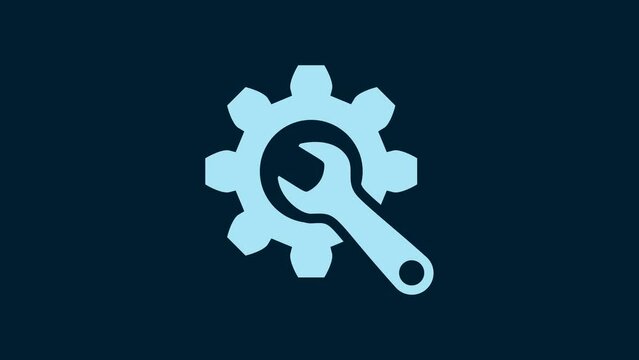 White Wrench and gear icon isolated on blue background. Adjusting, service, setting, maintenance, repair, fixing. 4K Video motion graphic animation