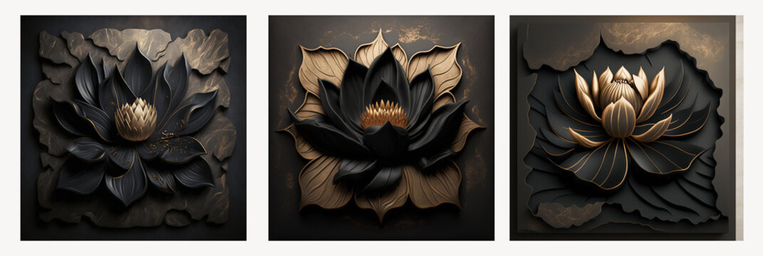 Lutus flower 3d wallpaper for wall frames fractal flowers golden and black liquid marble background. Resin geode and abstract art, functional art, like geode painting. Ai generated art