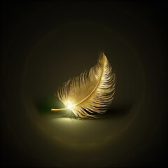 Shiny single golden feather with spark of light on dark background, Generative AI illustration
