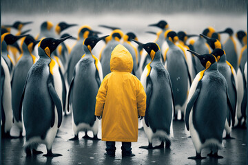 Kid in yellow rain coat standing between penguins , Generative Ai illustration