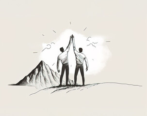 Simplistic sketch of two people celebrating success on mountain top, Generative Ai illustration