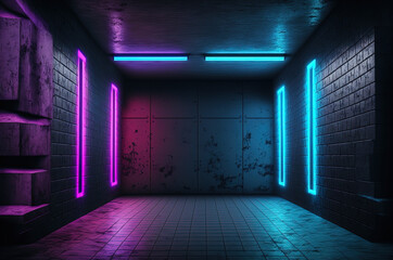 Underground Garage Room Cement Asphalt Neon Lights Concrete Brick Wall Realistic Blue Purple Colors Cyber Background. Generative AI.