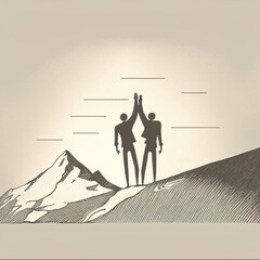 Simplistic illustration of two people celebrating success, Generative AI illustration