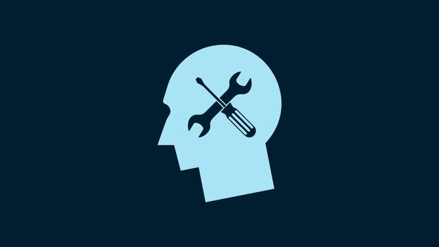 White Human head with with screwdriver and wrench icon isolated on blue background. Artificial intelligence. Symbol work of brain. 4K Video motion graphic animation